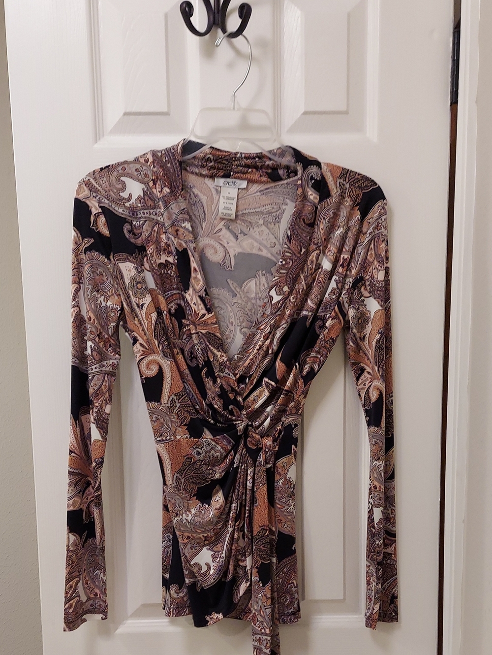 Stylish Cache Paisley Wrap Top in Black, Brown, Cream